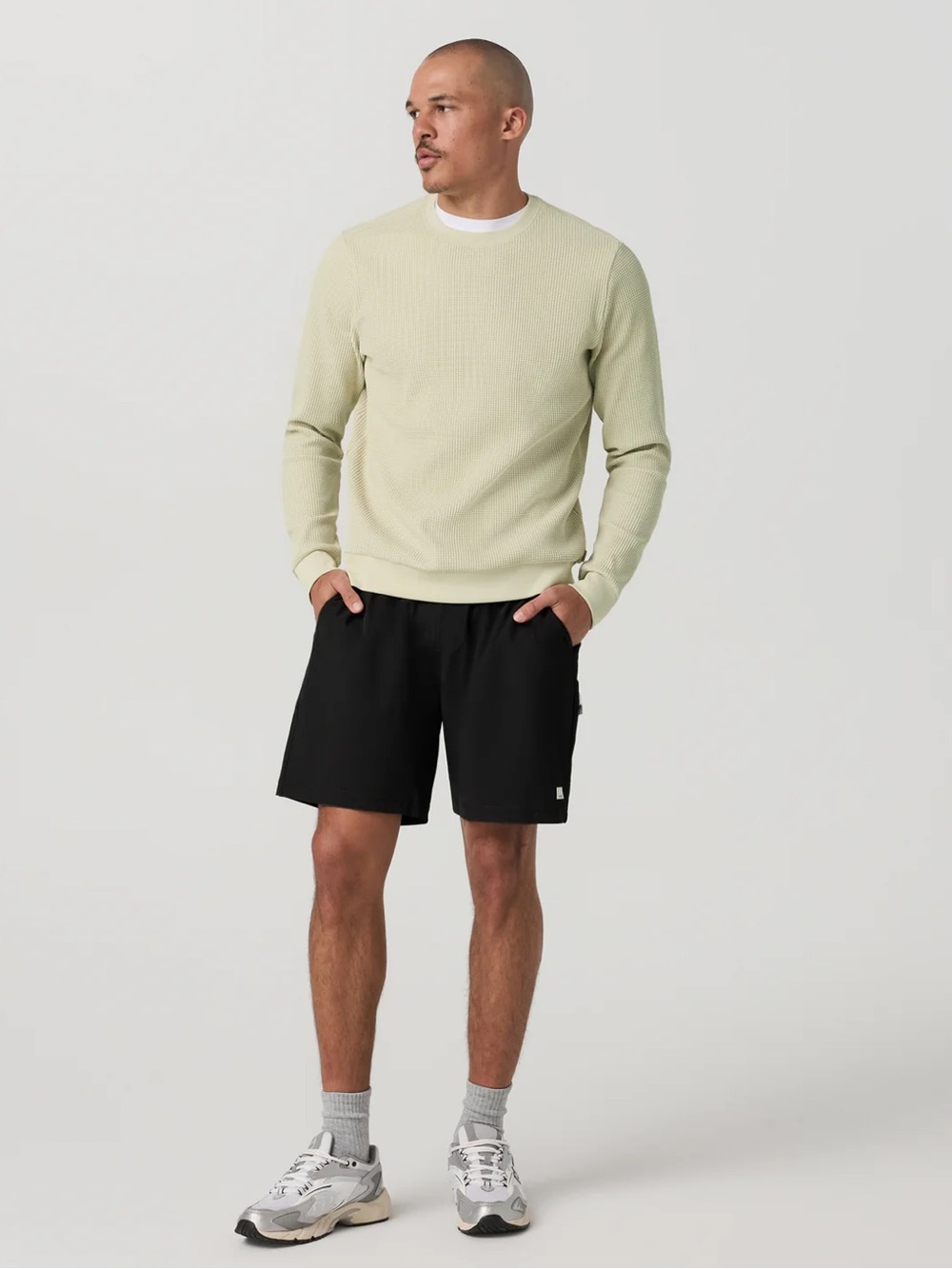 Vuori Men's Tech Waffle Crew in the color Seed- Size large. Activewear, neutral